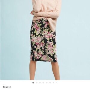 Anthropologie Maeve Black Floral Pencil Skirt with Pink Roses